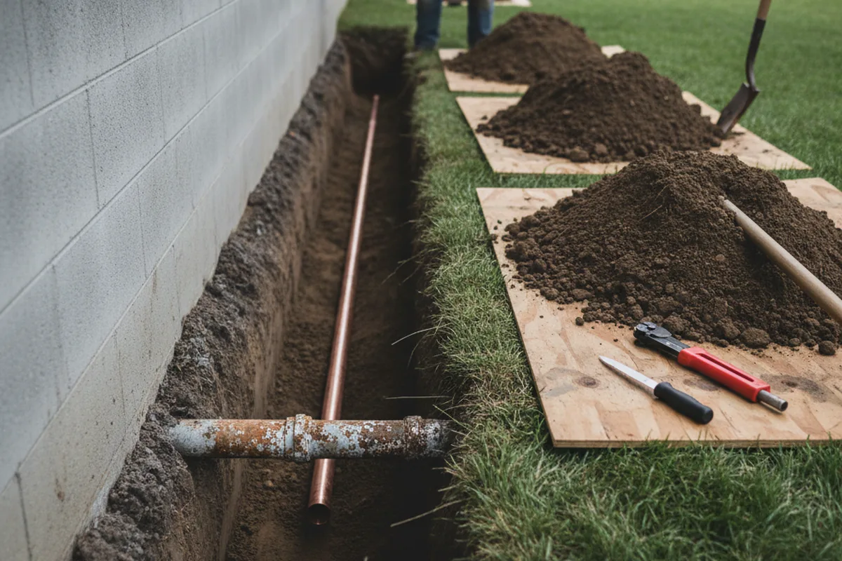 Excavated water line trench during Water Heater Repair in Wilmont